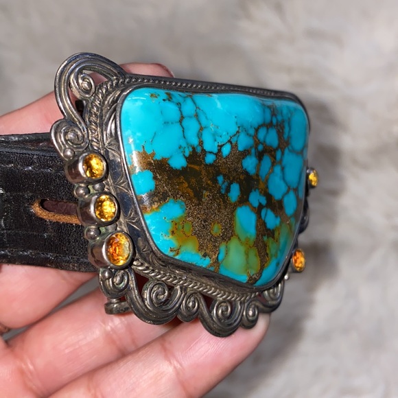 Signed Mona T. Van Riper Turquoise & Sterling Silver Belt Buckle & Leath… - Picture 3 of 17